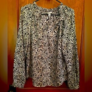 A New Day long sleeve V-neck, black and white polka dot blouse. Size XS